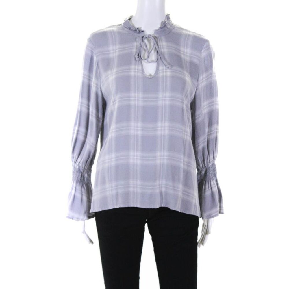 Goen J Womens Disconnect Ruffle Tie Neck Plaid Blouse Grey Size Large 10908754
